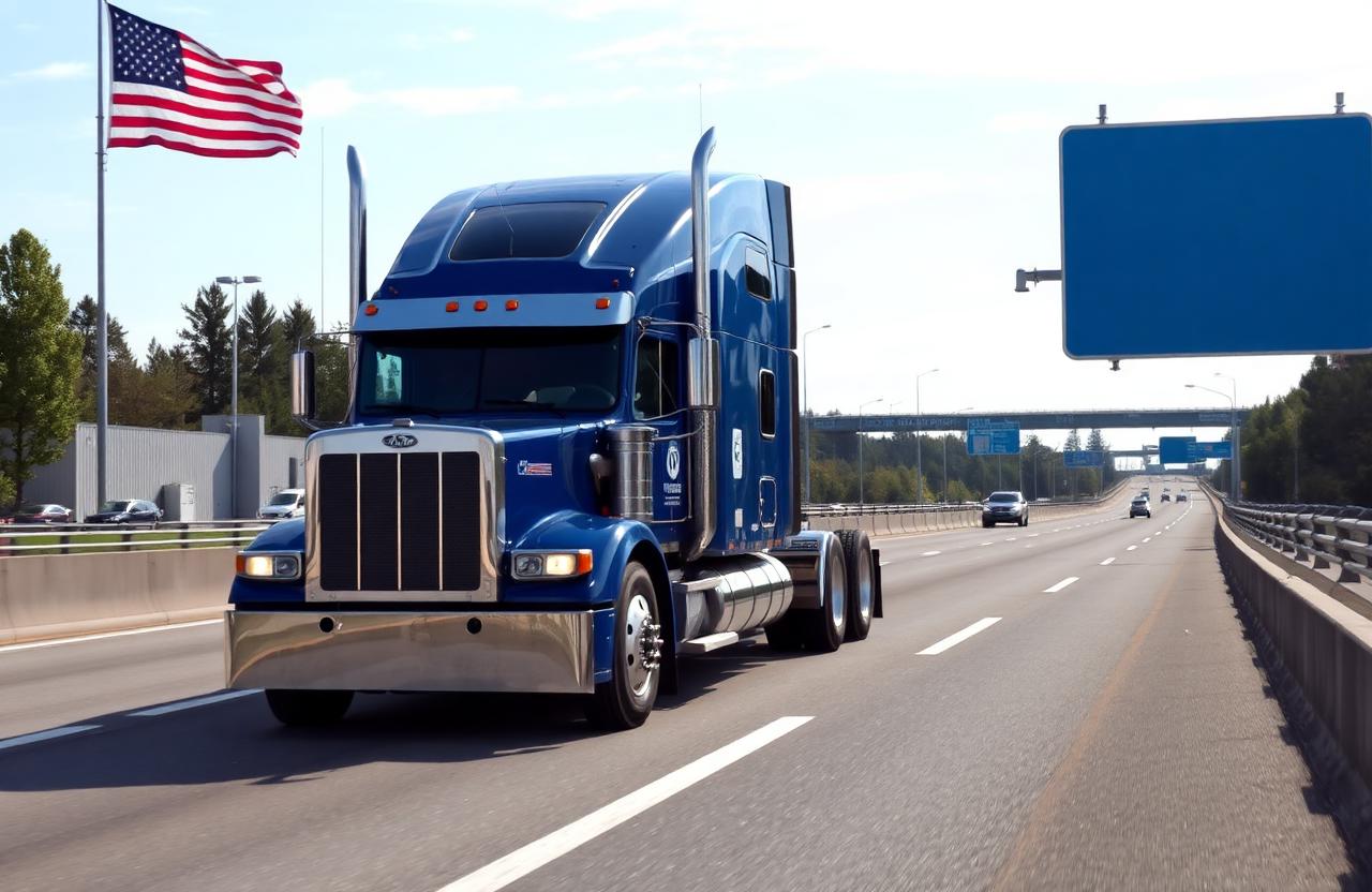 Blue American semi truck on US highway